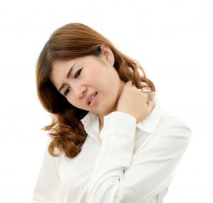 Business woman with neckache isolated on white background. Asian female.